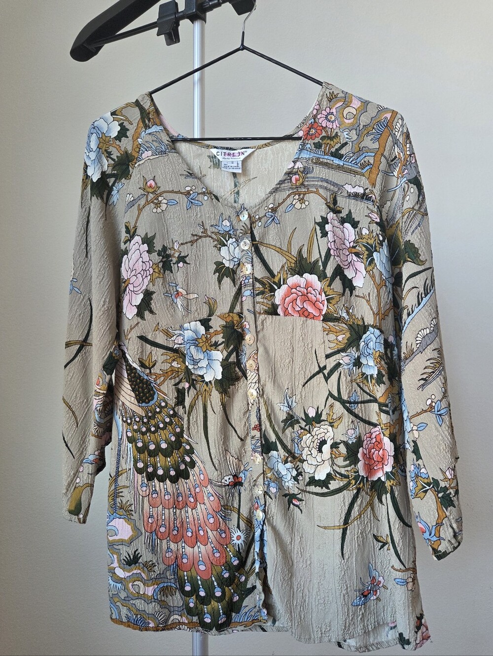 Citron Santa Monica Silk Blend Peacock Floral Art To Wear Blouse Top S